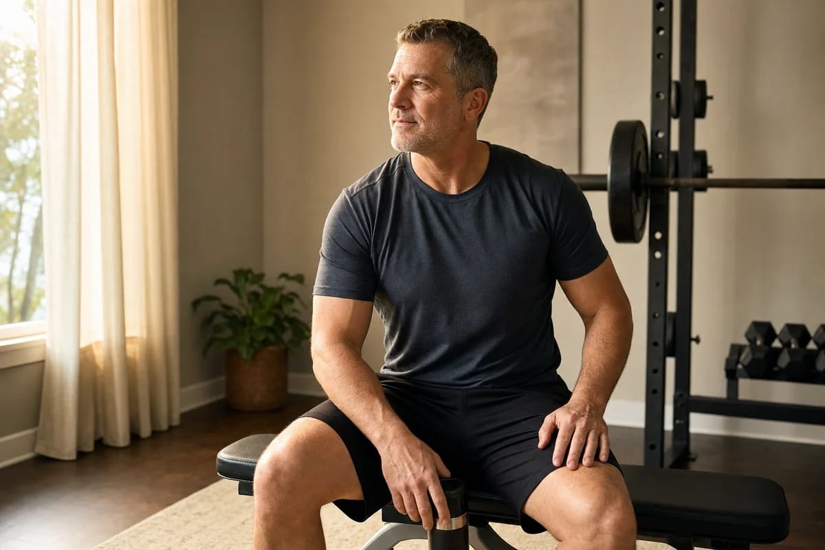 A middle-aged person resting a hand on their thigh between sets on a home bench, calm and focused