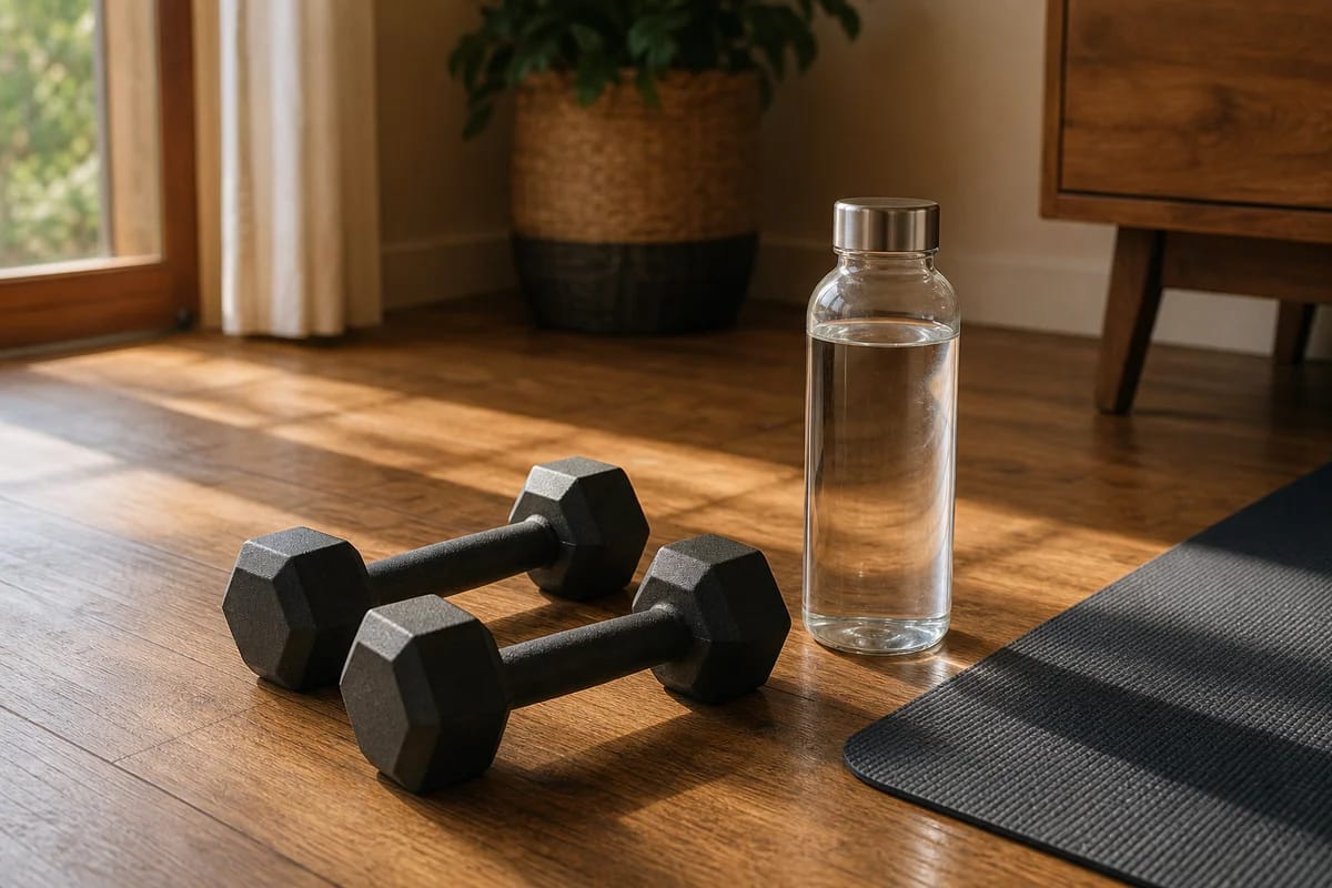 Two dumbbells and a filled water bottle on a wood floor beside a yoga mat in a sunlit room, quiet and lived-in