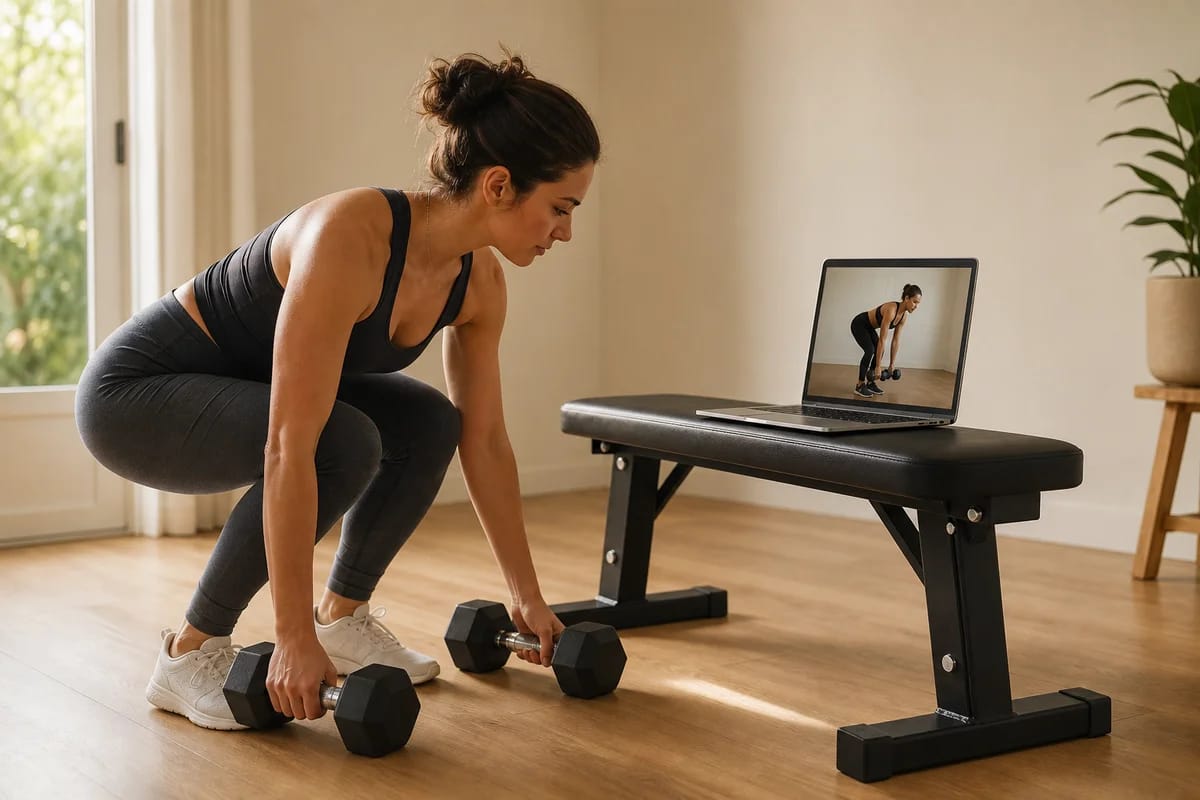 Beginner setting up dumbbells at home in front of a laptop on a bench, coach visible on screen demonstrating a hinge position