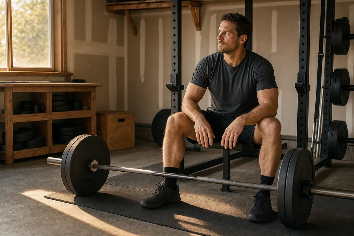 An experienced lifter resting calmly between sets beside a barbell in a garage gym, considering the plan, warm light