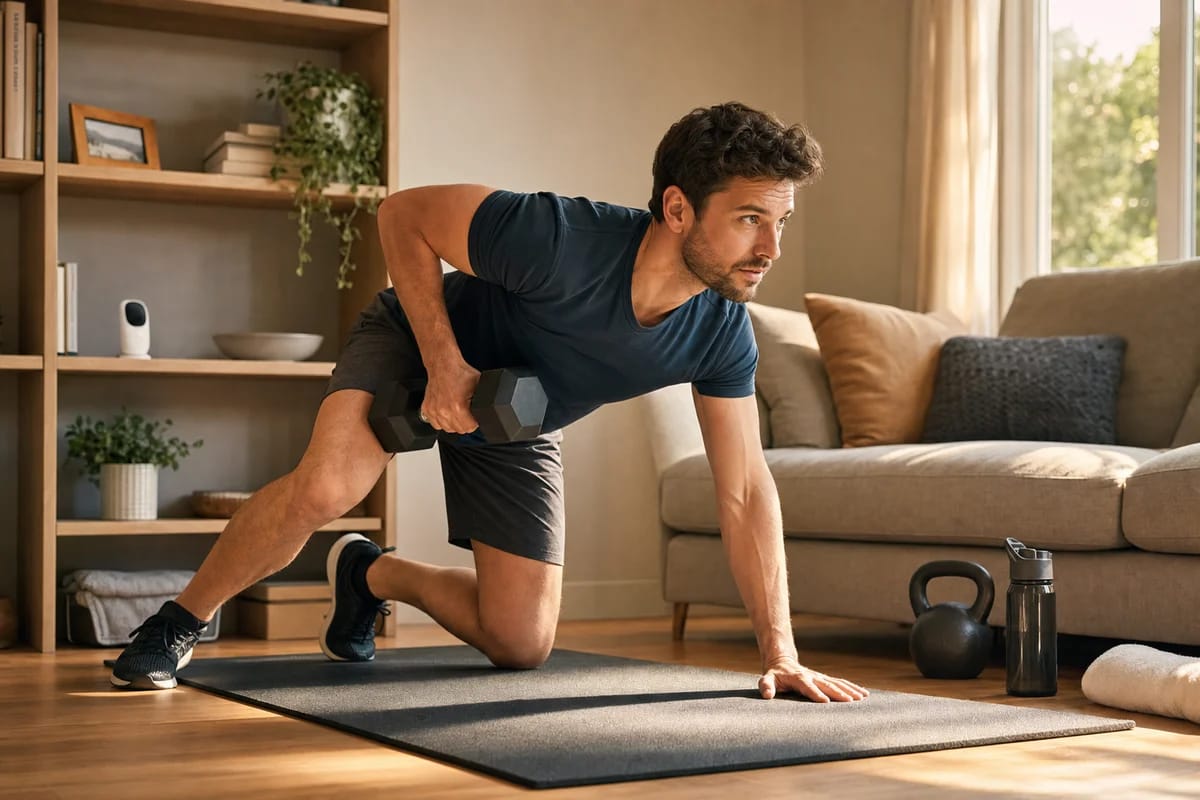 A parent mid dumbbell row in a living room, a baby monitor sitting on the shelf behind them, gear already laid out on the floor