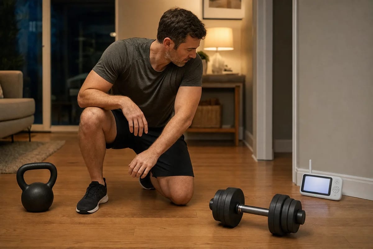 A parent glancing at a baby monitor screen mid-set, a kettlebell and adjustable dumbbell on a wood floor, calm evening lighting, home setting