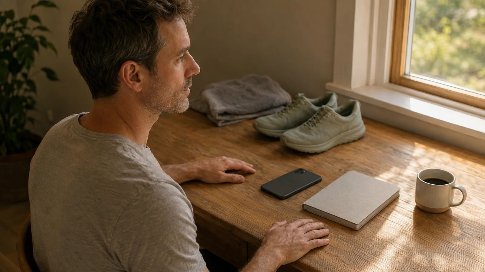 Man at a wooden desk by a window, his phone face-down beside a notebook and a coffee, running shoes and a towel behind