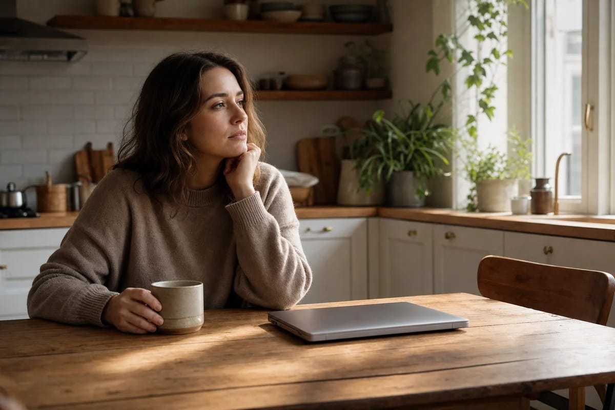 A person sitting thoughtfully at a kitchen table with a coffee cup and a closed laptop, weighing a decision, warm morning light