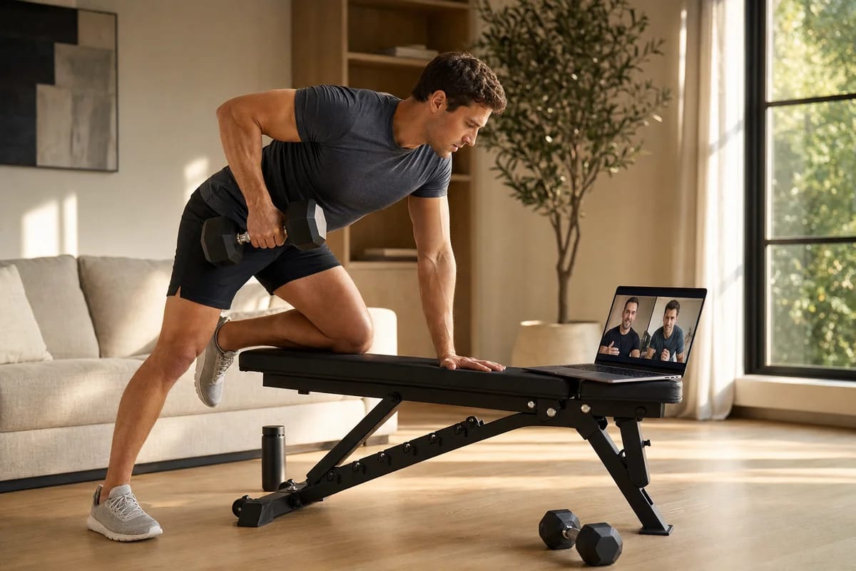 Person mid dumbbell workout in a bright living room, laptop on a bench showing a video call in progress
