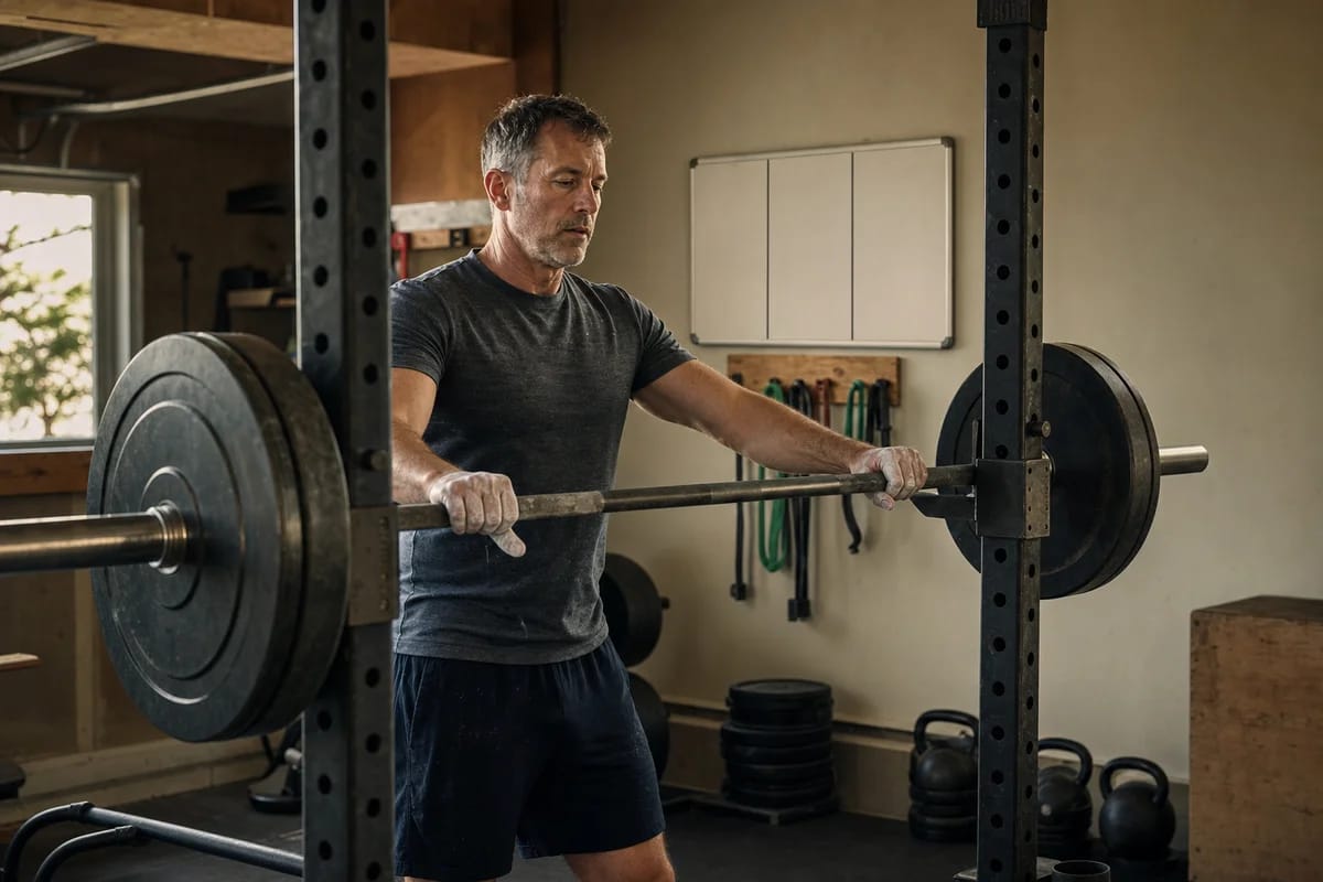 A home garage gym mid-week, a person in their late forties re-racking a barbell after a set, chalk on hands, a small whiteboard on the wall with three columns tracking each day's lifts