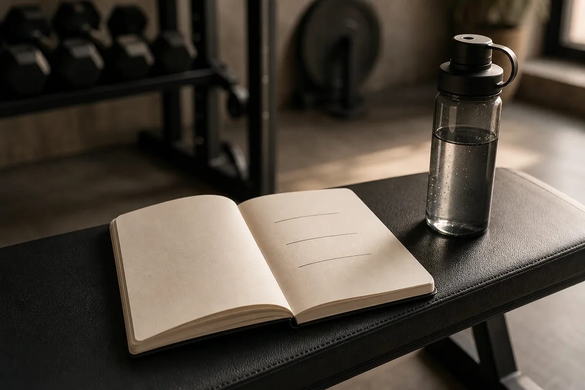 A close, calm shot of a phone or notebook resting on a weight bench showing a simple three-line workout log, a water bottle beside it, soft, no legible text