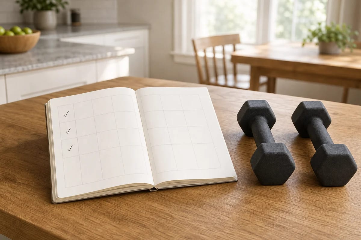 A simple home workout log or notebook open on a kitchen table showing three light sessions ticked off for the week, a pair of dumbbells nearby, bright
