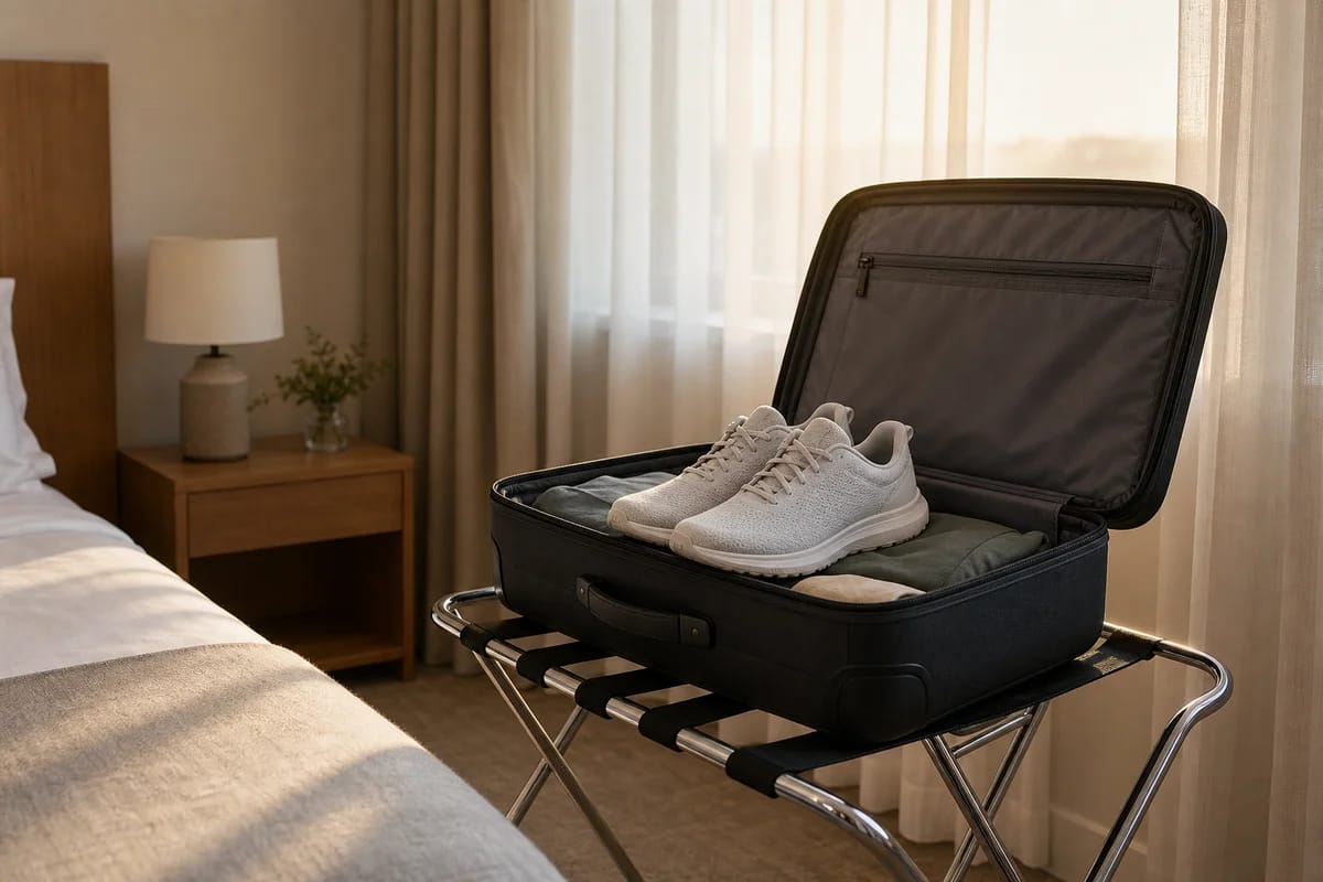 A carry-on suitcase open on a hotel luggage rack with running shoes on top, early morning light through sheer curtains, neat and calm