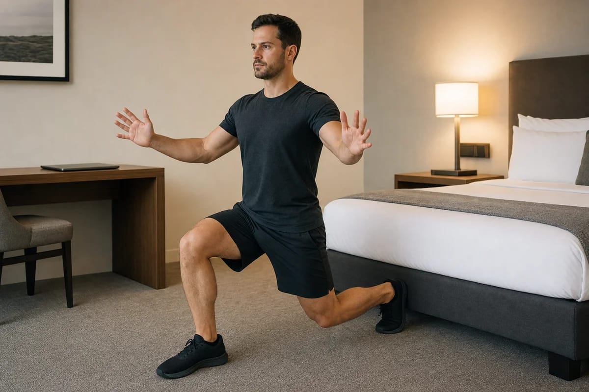 A person doing a bodyweight split squat in a tidy hotel room beside the bed, laptop closed on the desk, focused and unstaged