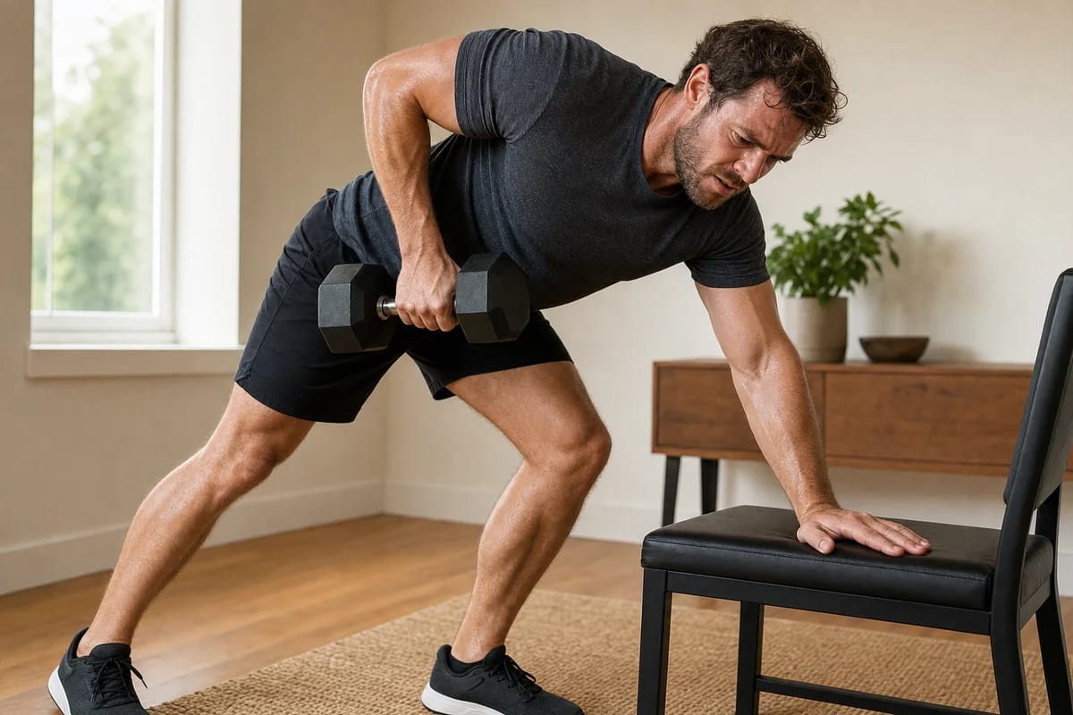 A person mid-set on a moderate-weight dumbbell row in a home setting, clearly working hard near the end of a set, candid