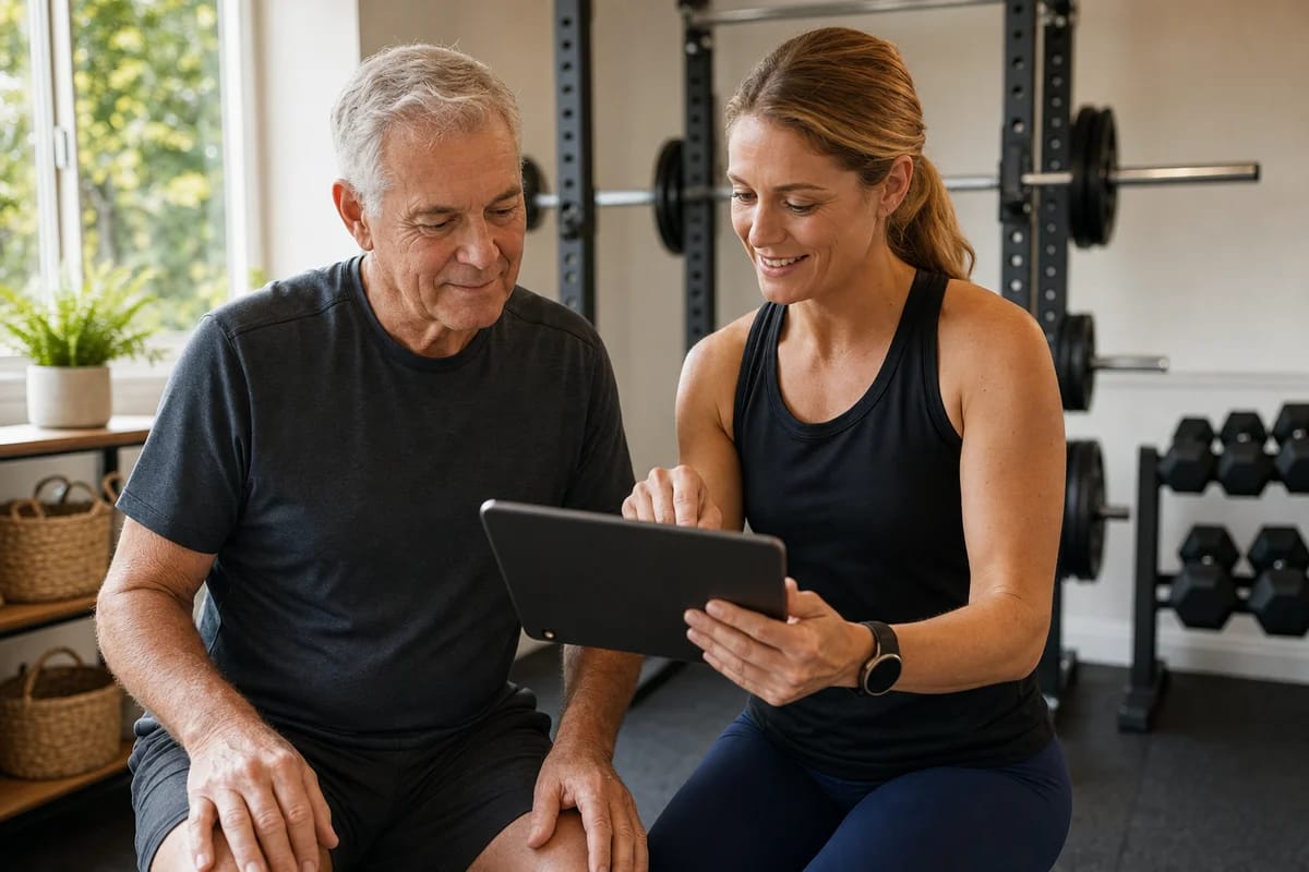 An older adult and a coach reviewing a simple weekly training plan on a tablet in a bright home gym corner with a rack and dumbbells visible