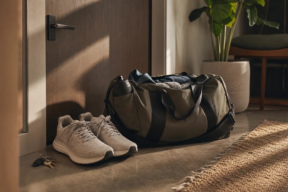 Running shoes and a packed gym bag waiting by an apartment front door, keys beside them
