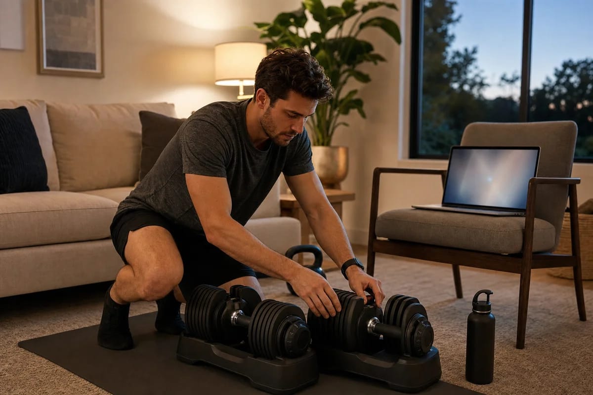 Person setting up adjustable dumbbells in a living room, laptop open on a chair with a video call connecting, early evening light