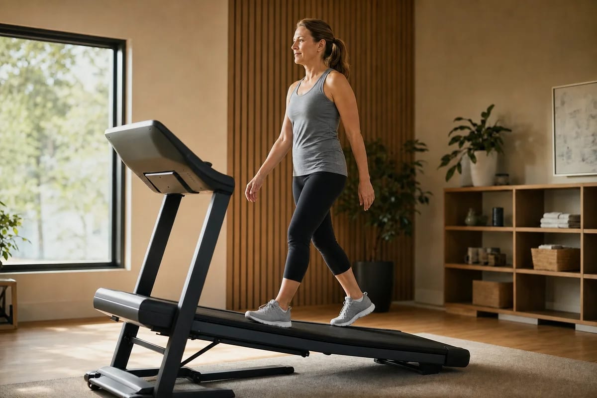 A person in their late forties walking on a home treadmill set to a visible incline, upright posture, hands off the rails, calm steady breathing