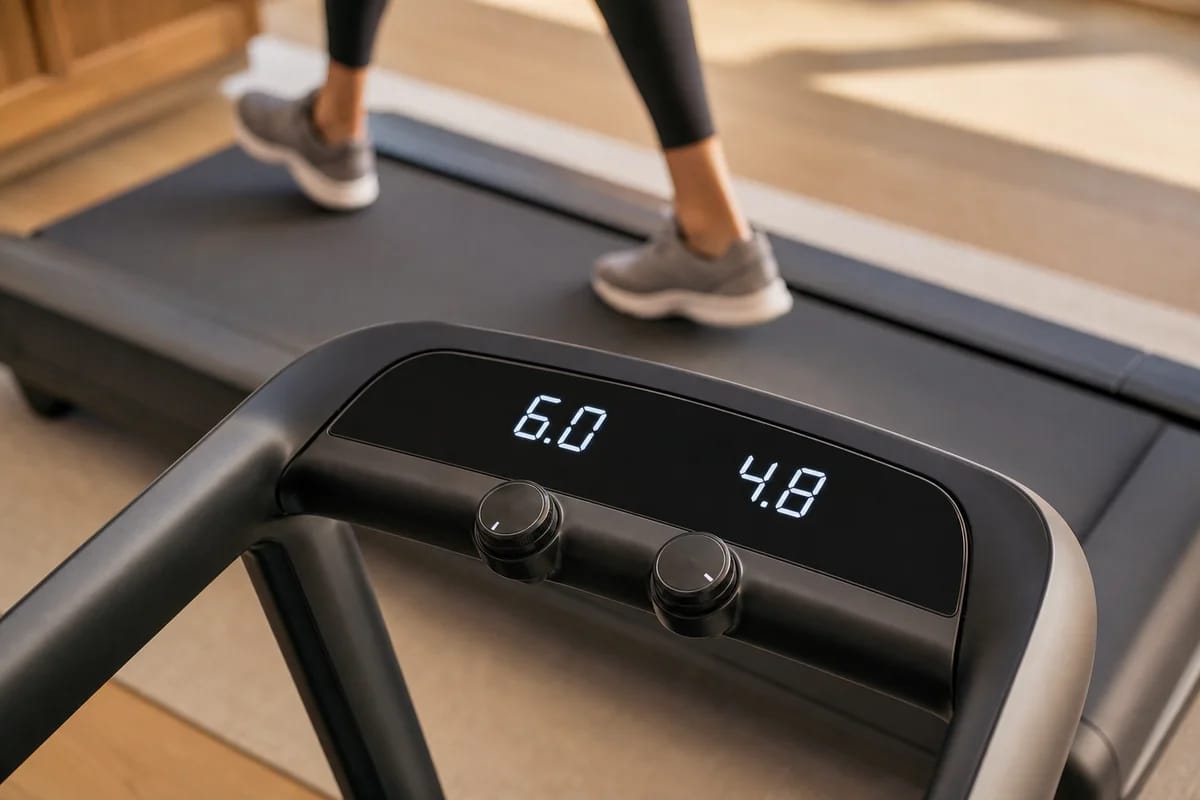 A close-up of a treadmill console showing incline and speed settings, a person's walking feet in the background, neutral home setting