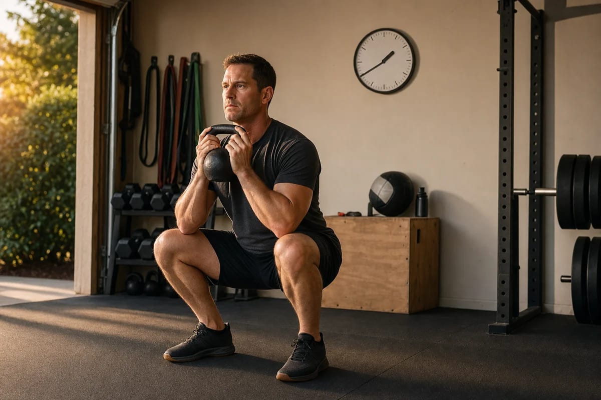A person mid-set on a goblet squat in a home garage gym, focused and working hard, a simple wall clock visible reading about 40 minutes