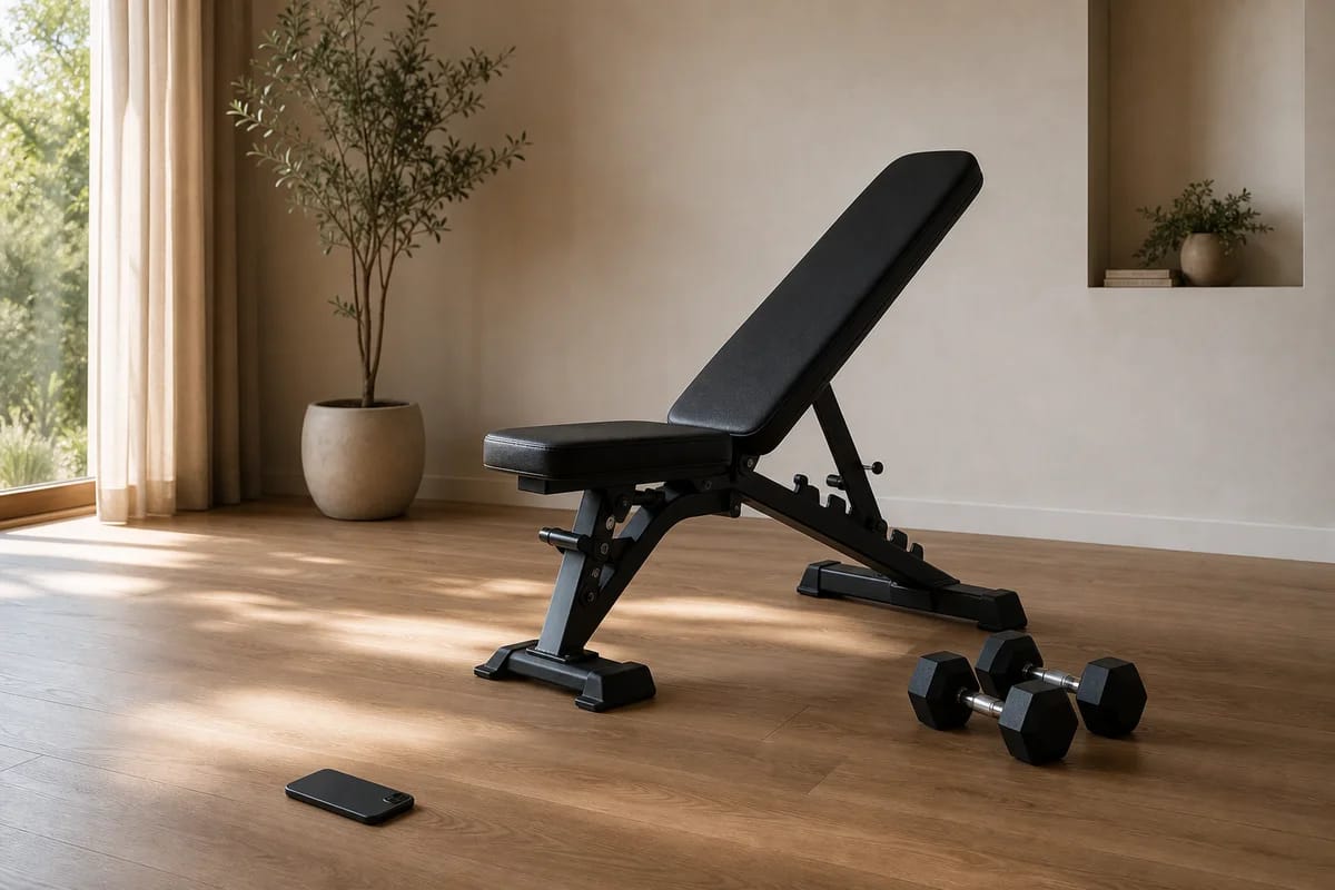 A tidy home workout setup with an adjustable bench and dumbbells, a phone face-down on the floor deliberately out of reach, calm and uncluttered
