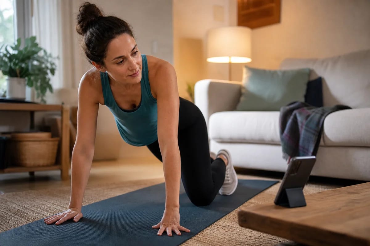 Person mid-workout at home glancing at their own small self-view window on a propped-up phone, candid and relatable