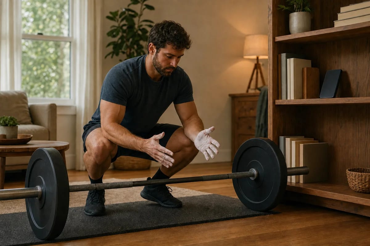 Relaxed person a few sessions in, chalk on hands, setting up for a deadlift at home with phone propped on a bookshelf, no attention on the camera