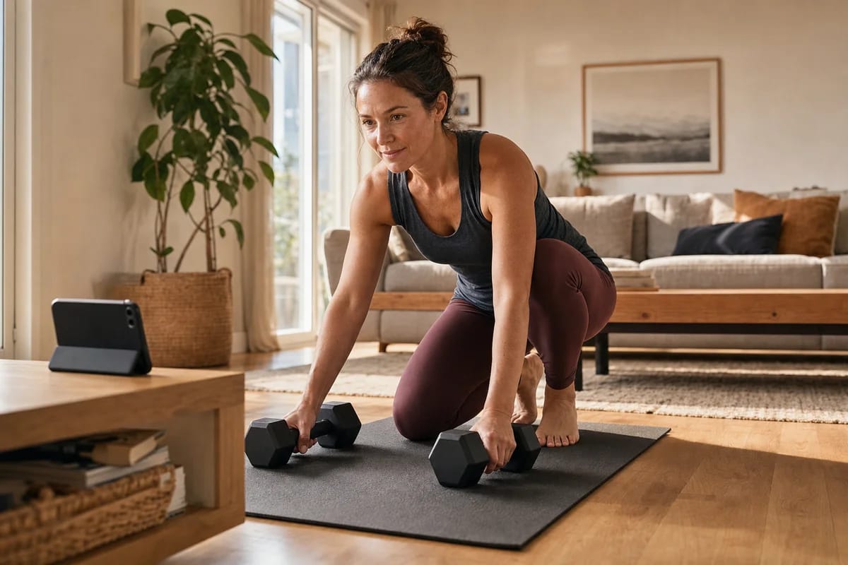A woman in her 40s setting up dumbbells on a mat in a bright living room, phone propped on a low shelf facing her, calm early-morning light