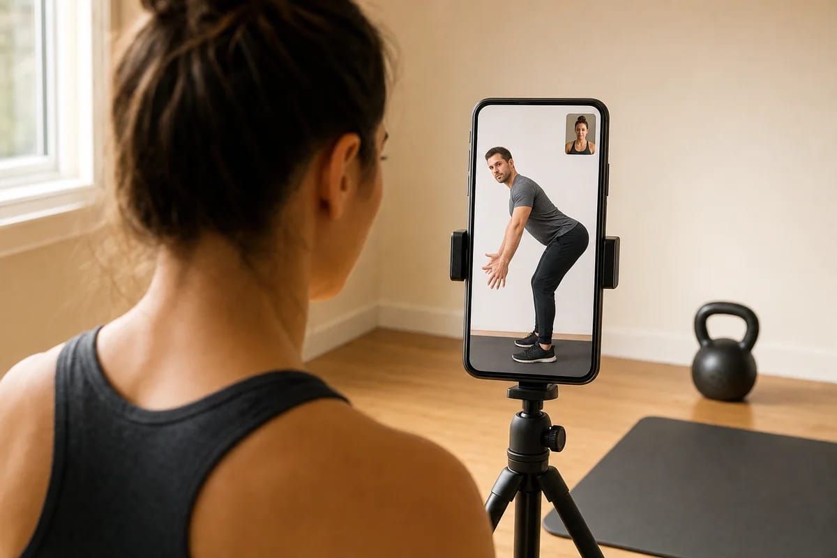 Over-the-shoulder view of a phone screen on a tripod showing a live video call, a coach visible on screen mid-demonstration of a hip hinge, home training corner