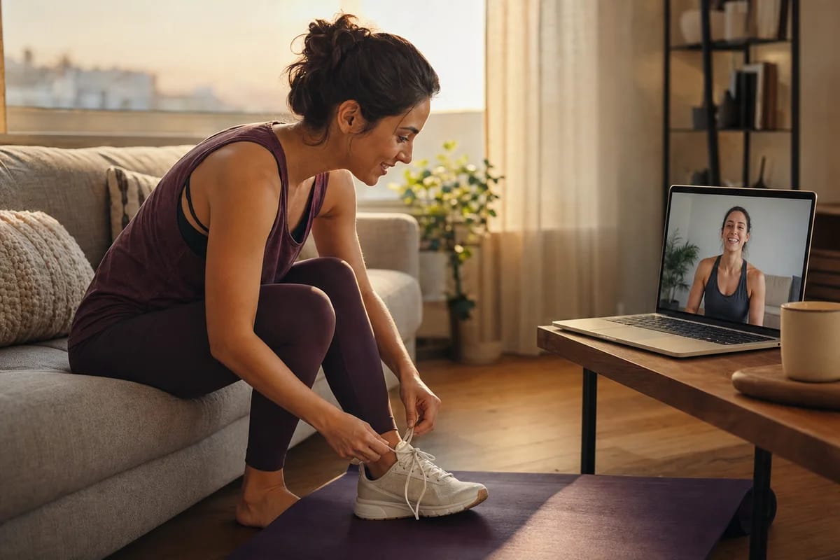 A woman unrolls an exercise mat in golden hour light while her coach waits on a live video call on a laptop