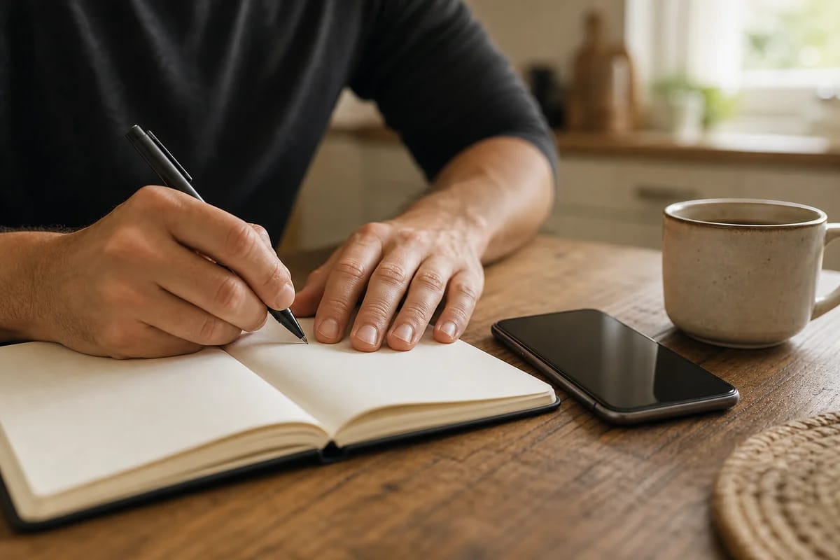 Close crop of hands with a pen over an open notebook beside a phone and a coffee cup on a wooden table