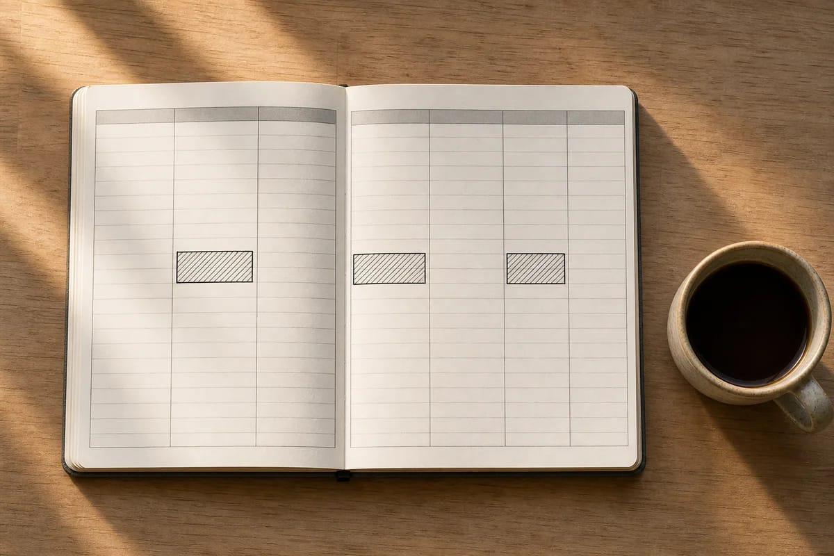 Overhead shot of a weekly paper calendar on a kitchen table, three identical training blocks marked in pen, coffee cup beside it