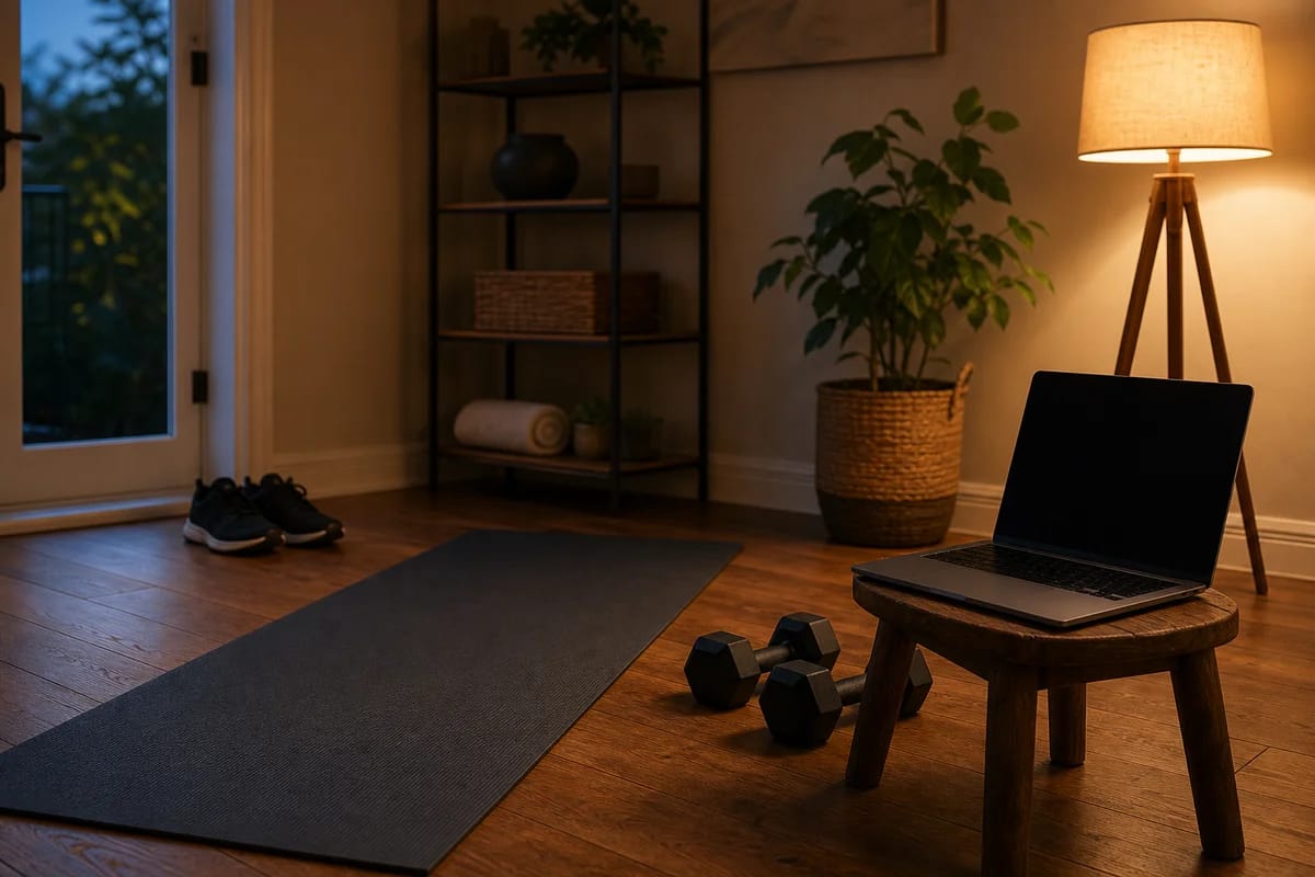 Home training corner ready the night before, dumbbells and mat laid out, laptop open on a stool, running shoes placed by the doorway, evening lamp light