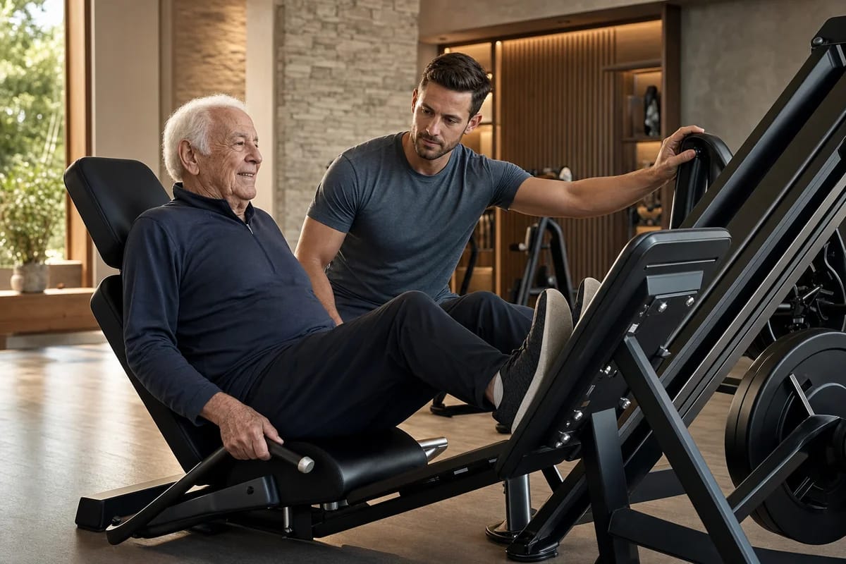 An older adult in their late 80s doing a seated leg-press strength exercise with a coach steadying the machine, dignified and focused