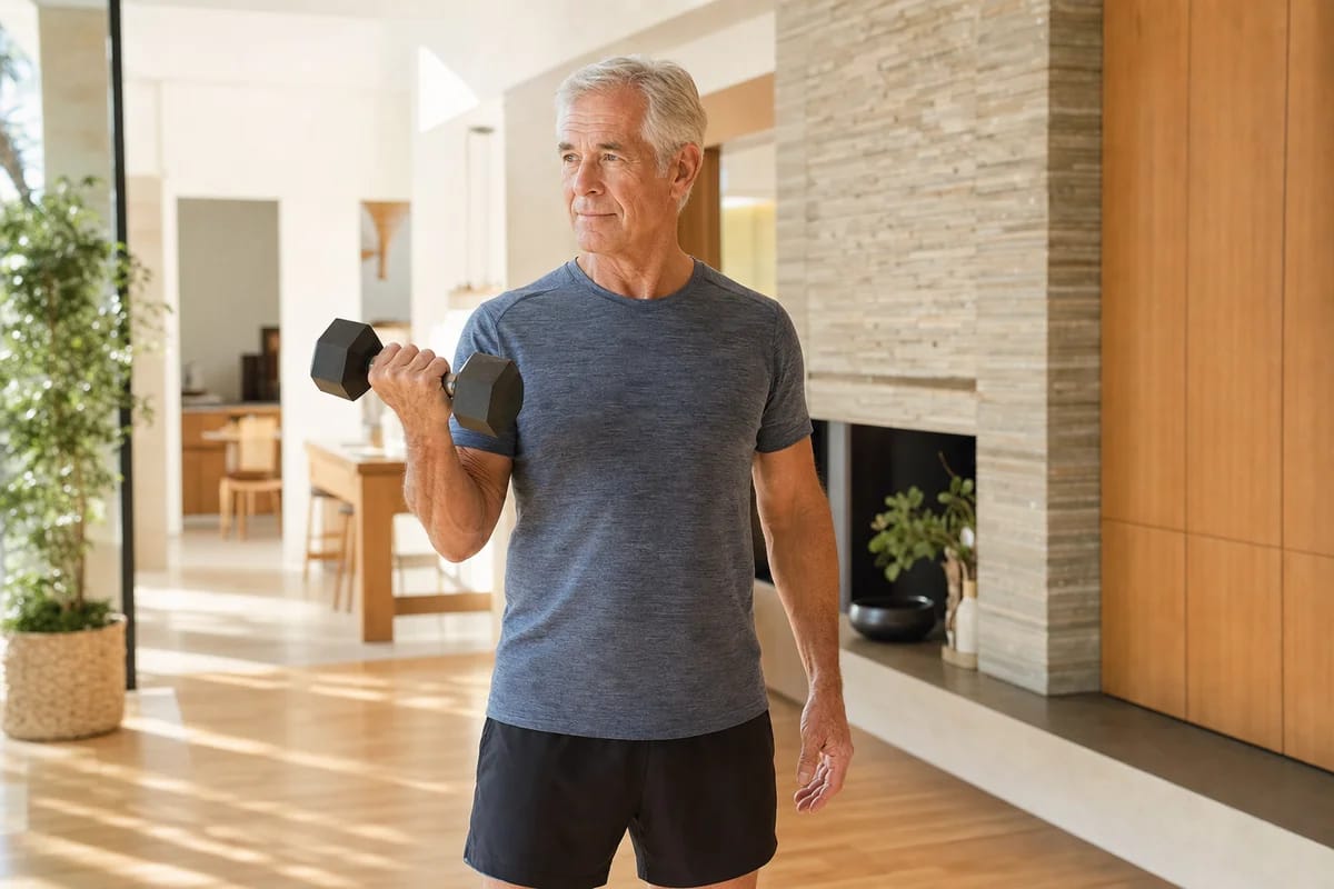 A fit, active person in their late sixties lifting a dumbbell in a bright home setting, strong and capable
