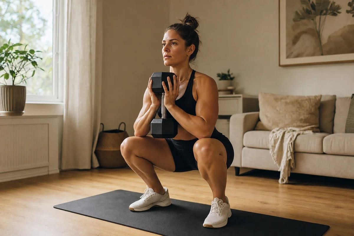 A person mid-rep on a goblet squat at home, quads and forearms clearly engaged through a window