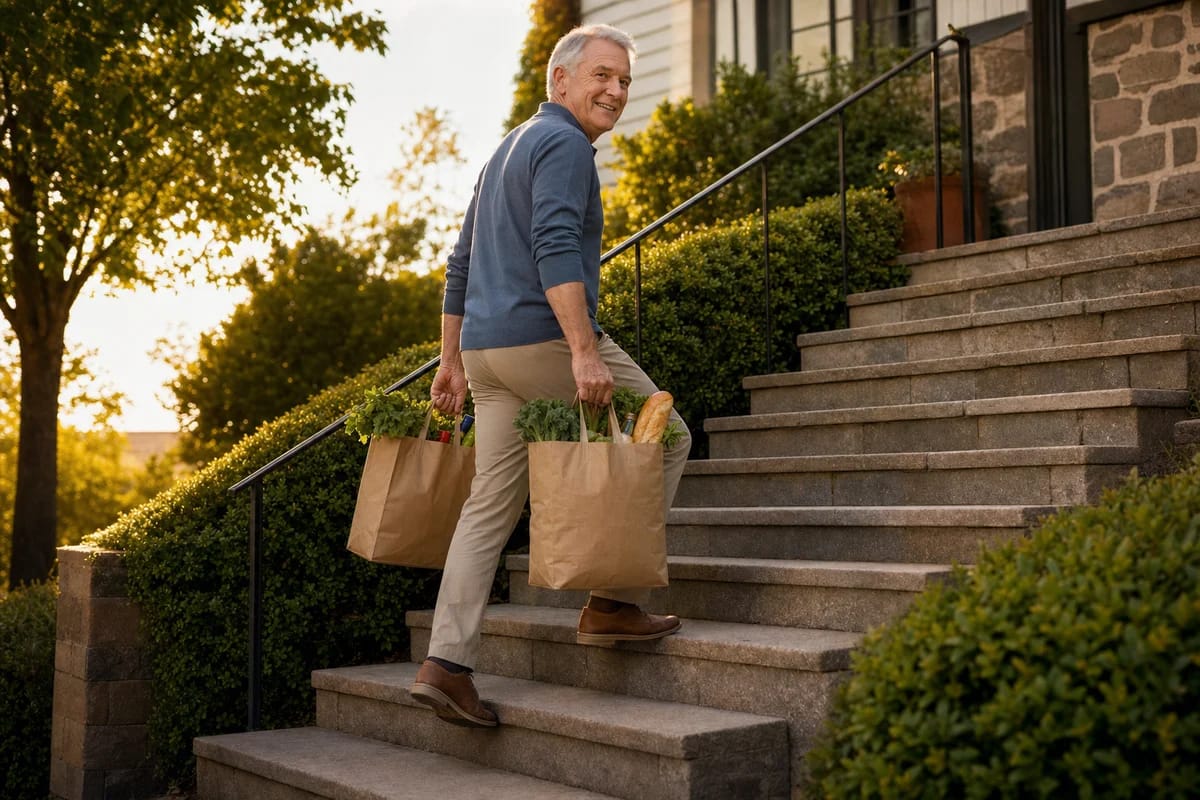 An older adult in their sixties carrying two grocery bags up a flight of outdoor stairs with ease