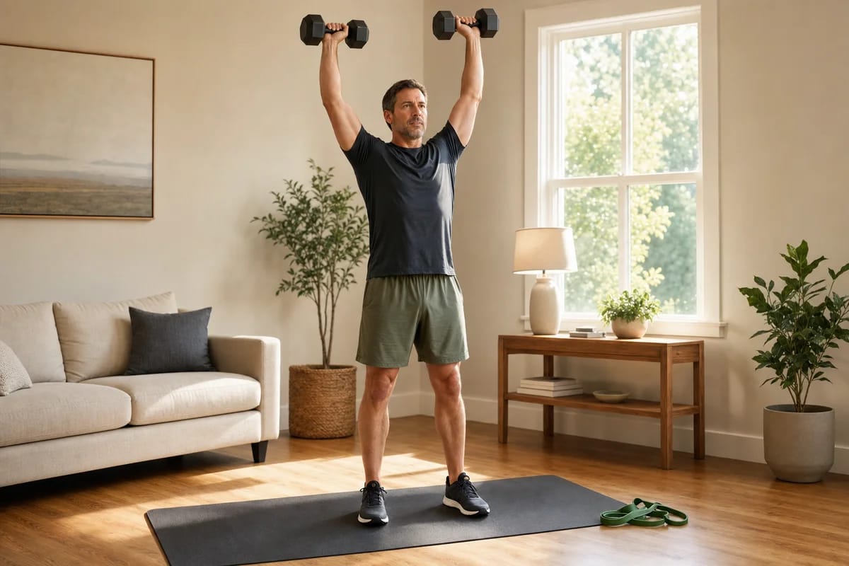 A man in his 40s pressing two dumbbells overhead in a tidy living room corner, exercise mat on a wood floor, morning light through a window, no gym equipment be