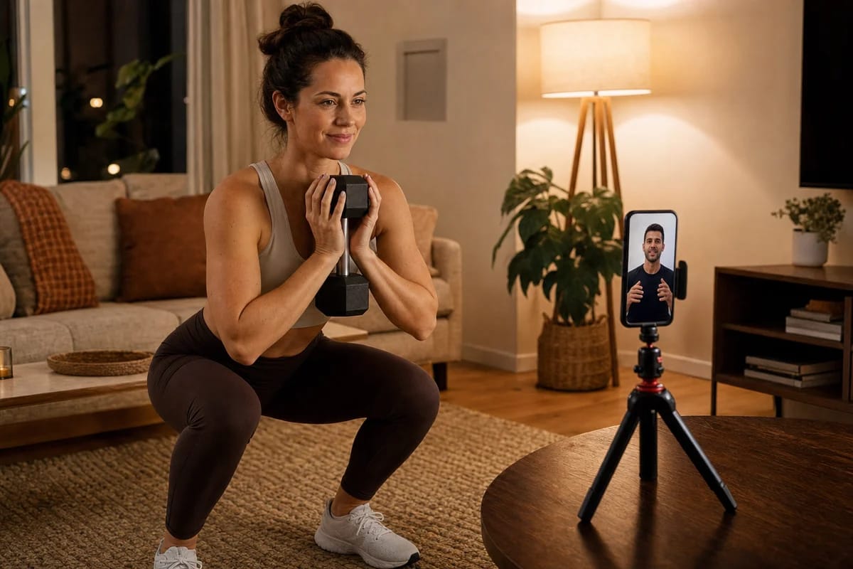 A phone on a small tripod in a living room showing a coach on a live video call, a woman mid-goblet-squat with a single dumbbell facing the phone, calm and priv
