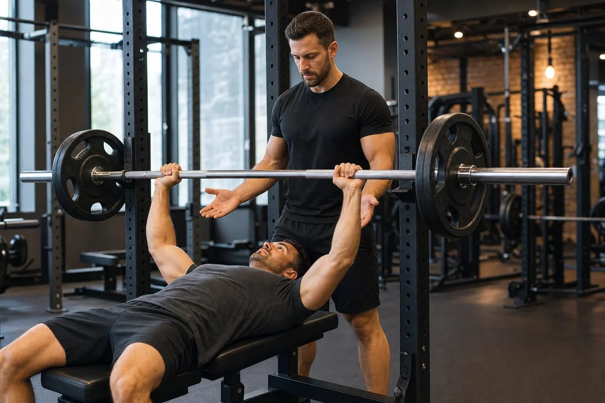 A personal trainer spotting a client on a barbell bench press in a bright commercial gym, hands ready under the bar
