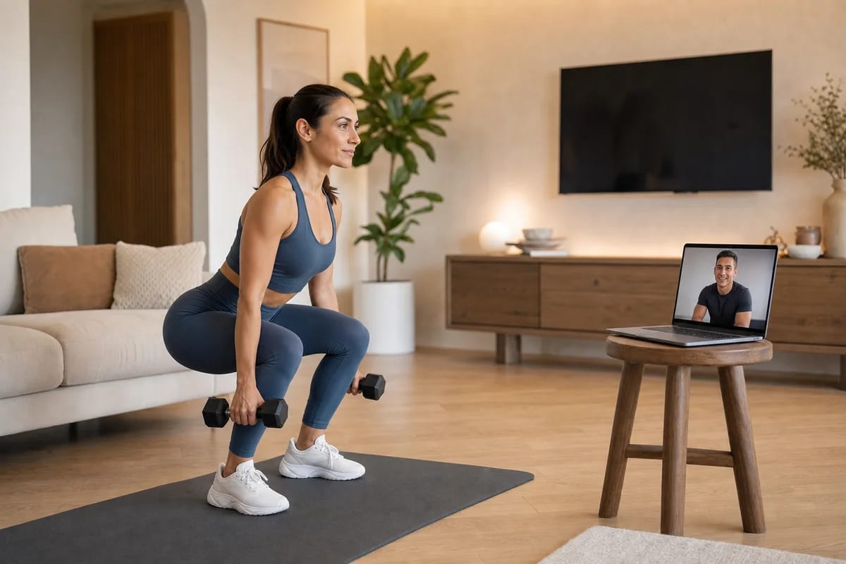 A person mid-squat with dumbbells in a tidy living room, laptop on a stool showing a coach watching on a video call