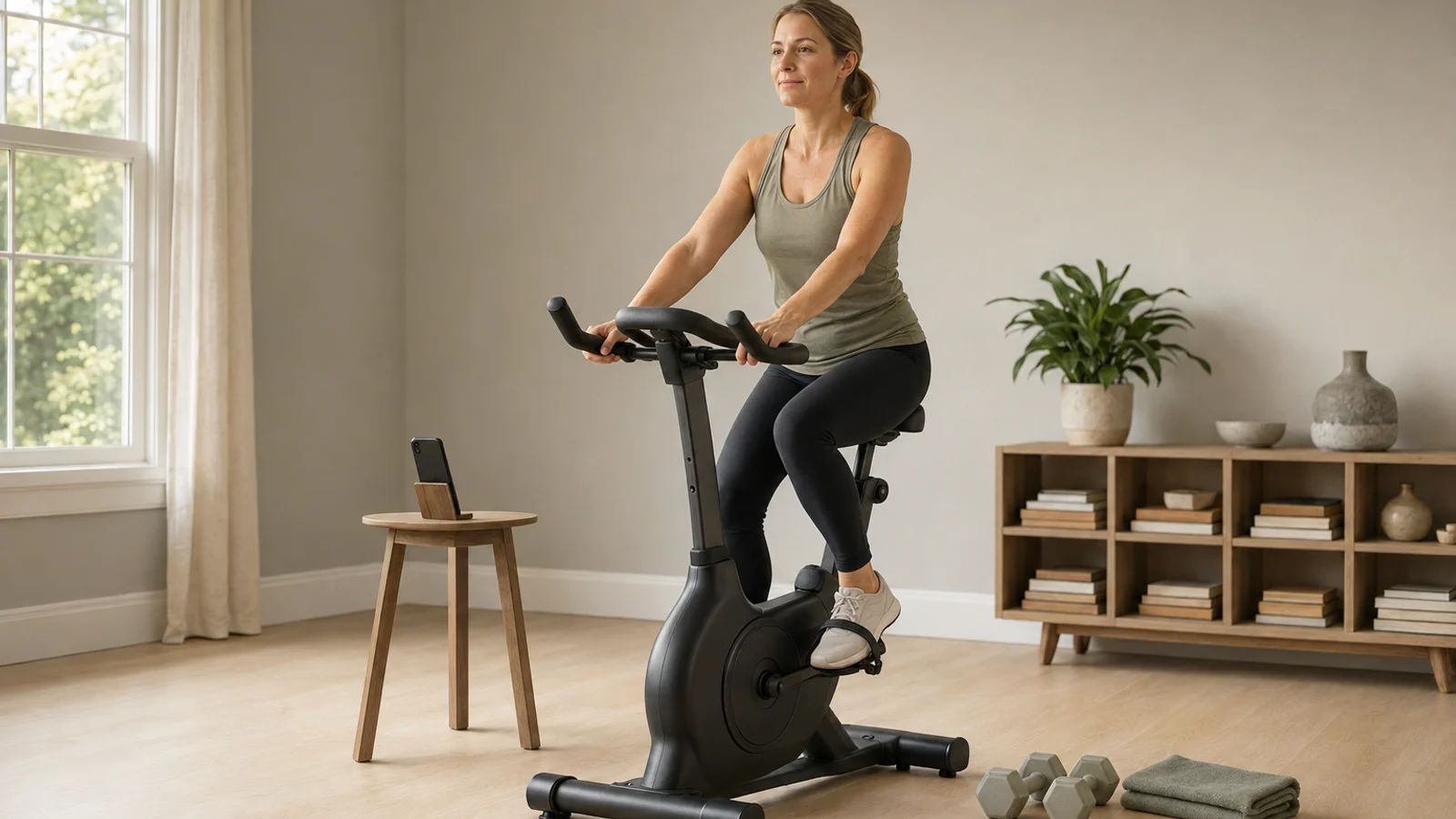 Woman on an indoor exercise bike in a bright home with a phone on a stand beside the bike and dumbbells on the floor