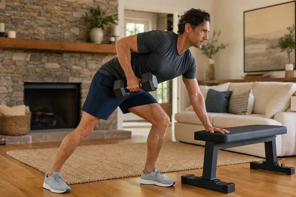 A person in their forties doing a slow controlled dumbbell row in a home living room, focused on form and full range of motion