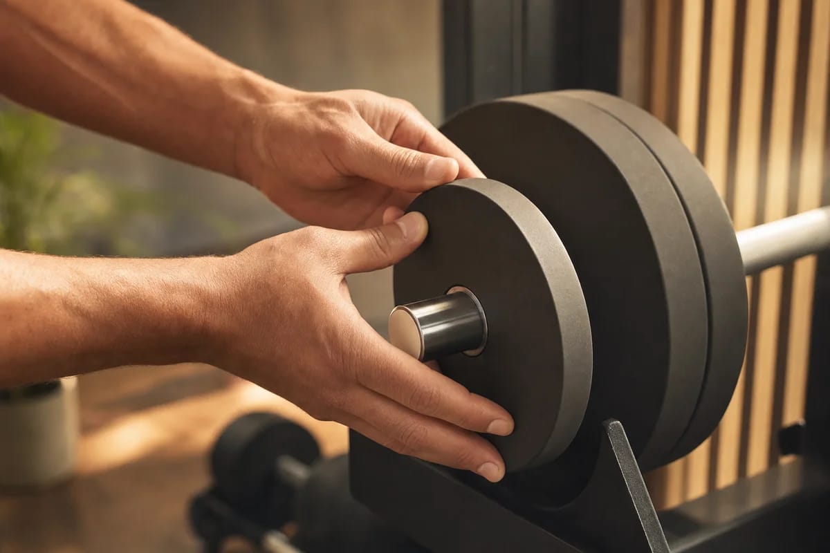A close-up of hands adding a small weight plate to a dumbbell or barbell in a home gym