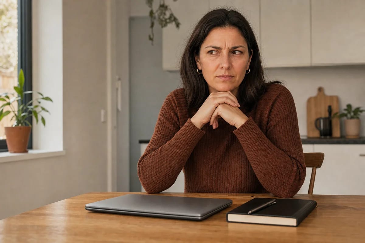 A person at a kitchen table looking cautious and skeptical beside a closed laptop and a notebook, warm light