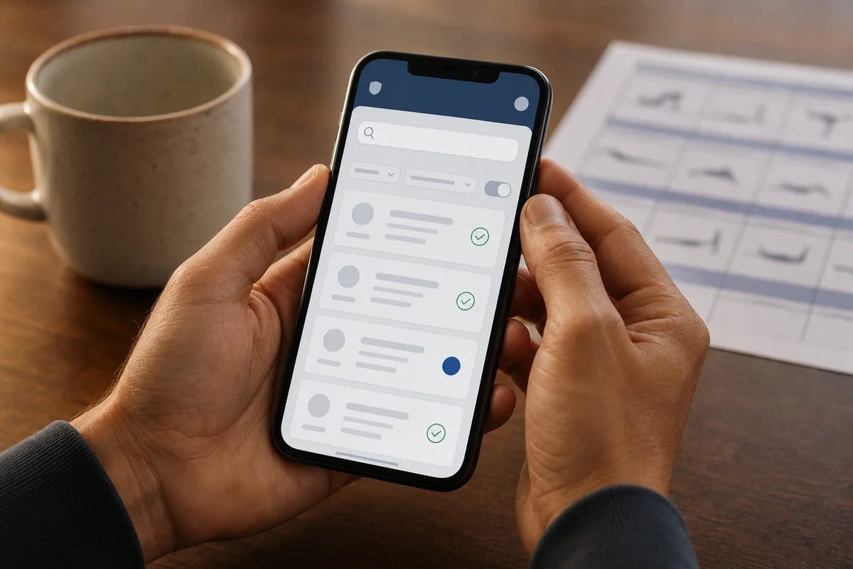 Close-up of hands holding a phone showing a certification registry search screen, coffee mug and printed workout plan blurred in the background