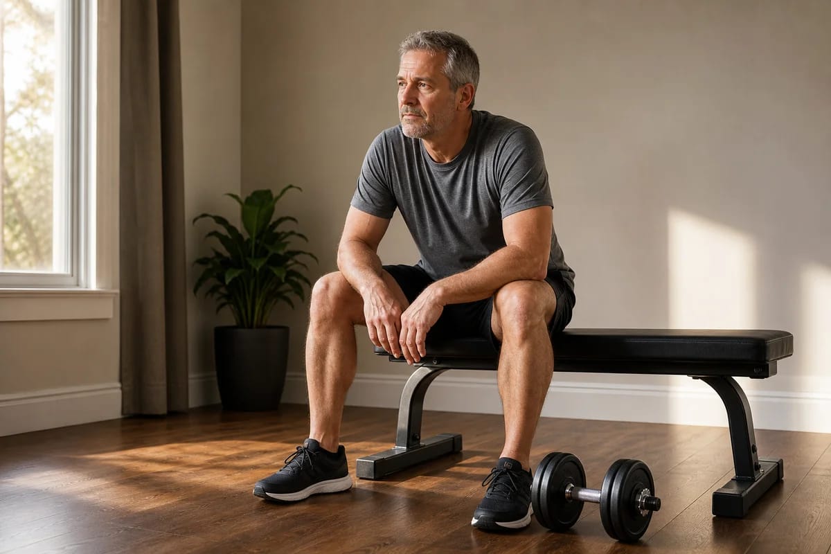 A person in their fifties sitting on the edge of a weight bench at home between sets, forearms on knees, breathing and resting, a loaded dumbbell on the floor n
