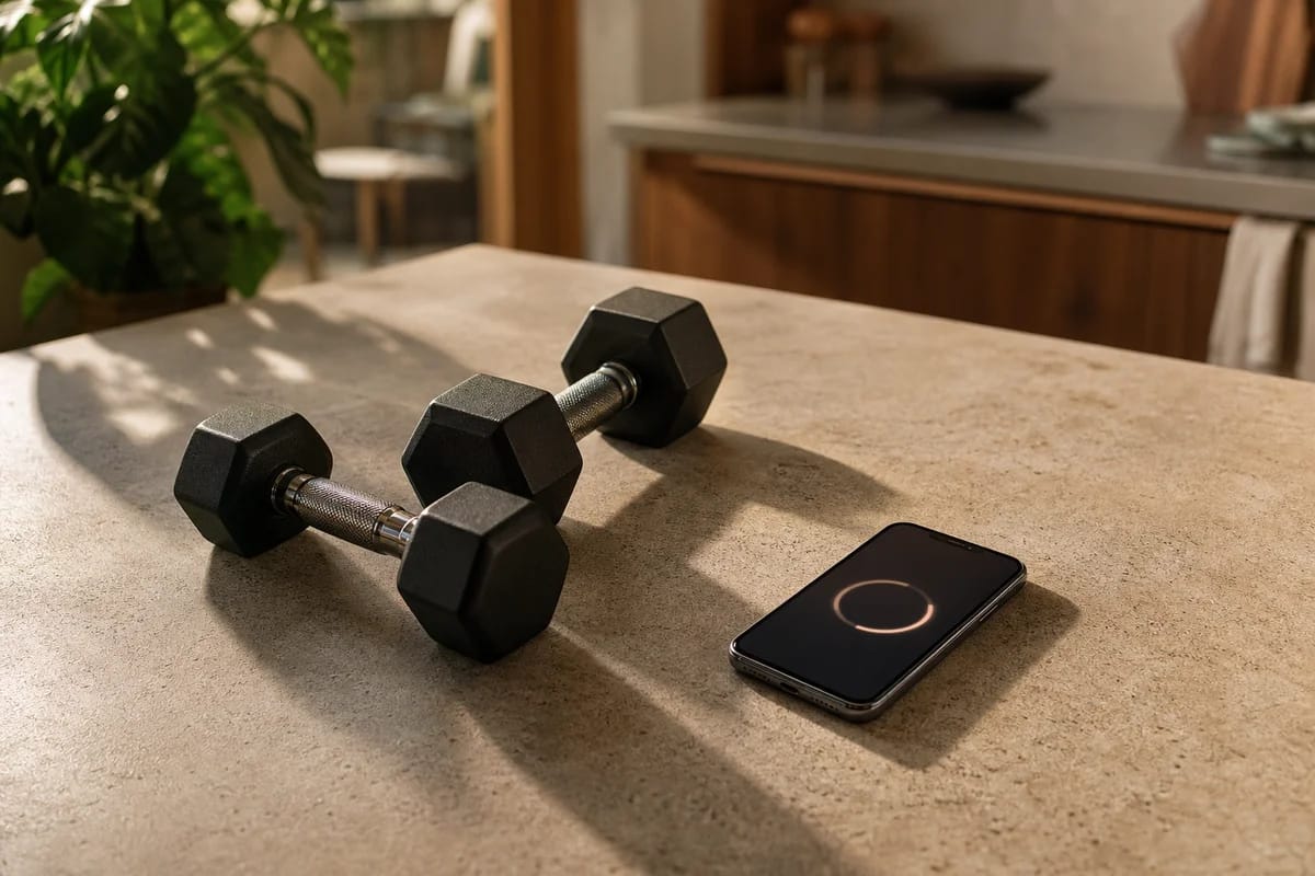 Two dumbbells and a phone with a visible rest timer on a kitchen counter or bench, mid-morning home setting, no readable text on the screen