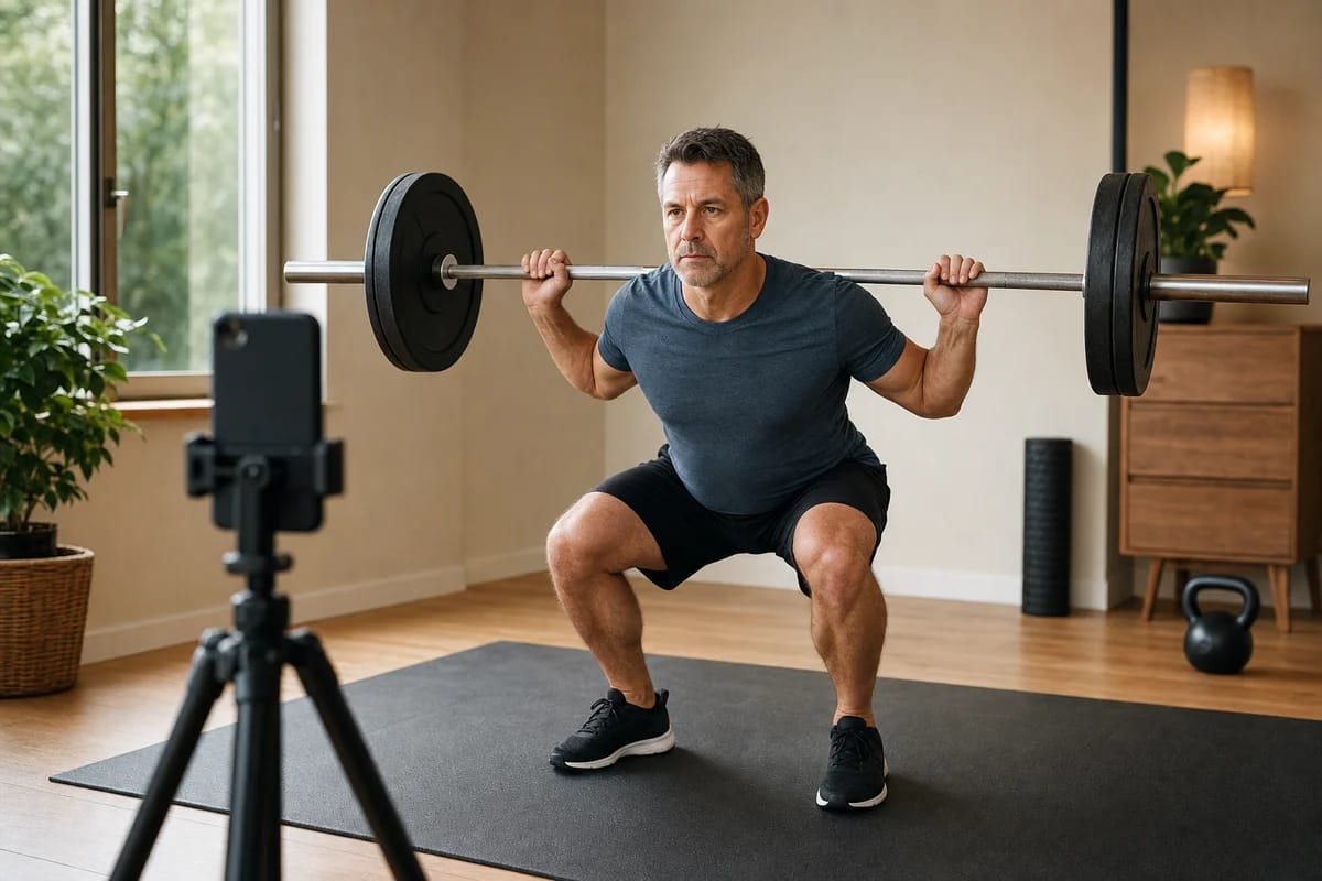 A person in their late forties mid-set on a barbell squat at home, calm focused expression, a phone on a tripod in the foreground framing them