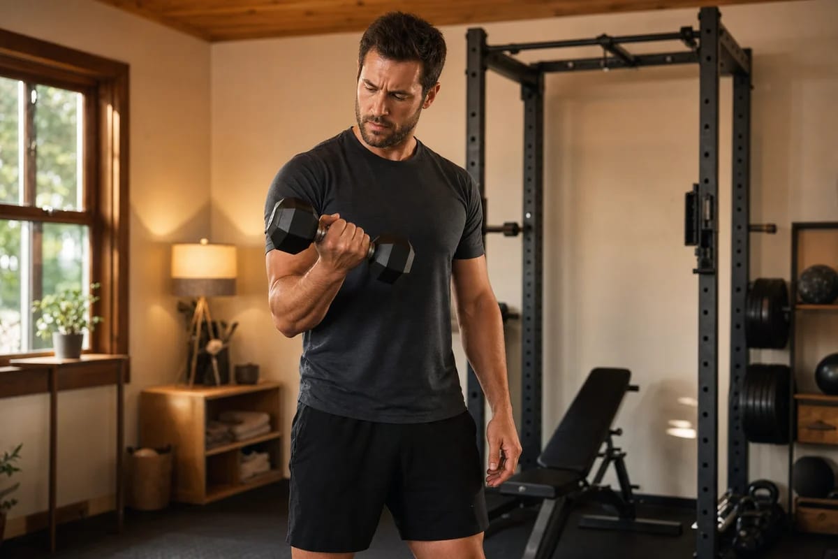 A lifter pausing mid-set holding a single dumbbell with a focused expression gauging their effort, warm home-gym light