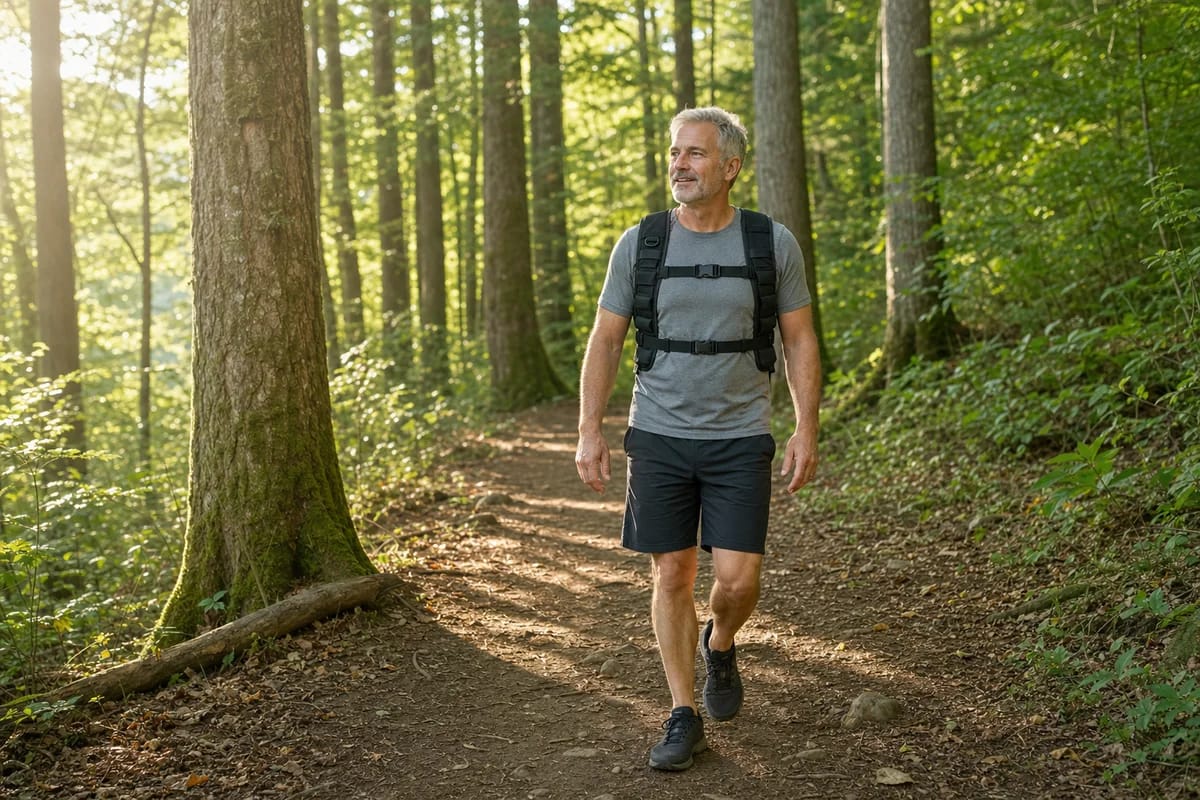 A person in their fifties walking on a wooded trail wearing a fitted weighted backpack, upright relaxed posture, morning light