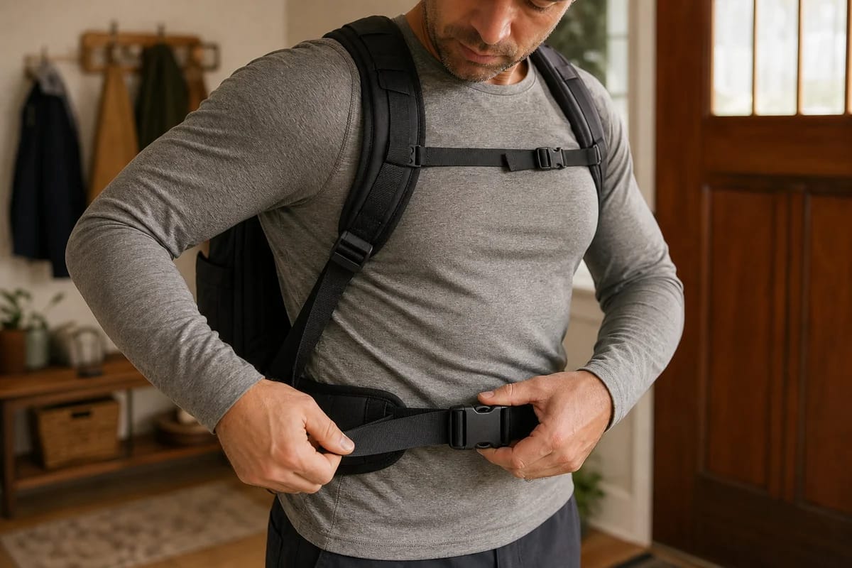 A close view of a weighted backpack being adjusted with both shoulder straps and a hip belt, hands tightening a strap, home entryway
