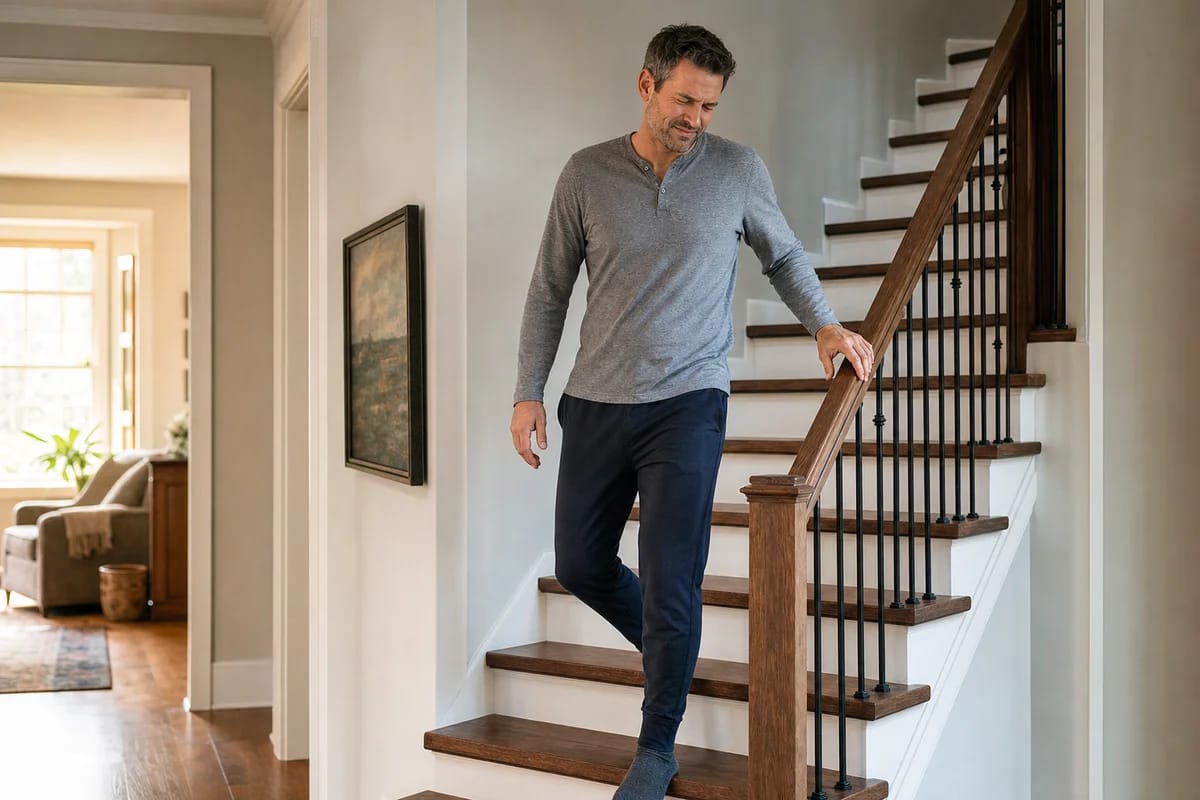 A person in their forties walking gingerly down a staircase at home the morning after a workout, hand on the rail, slight wince